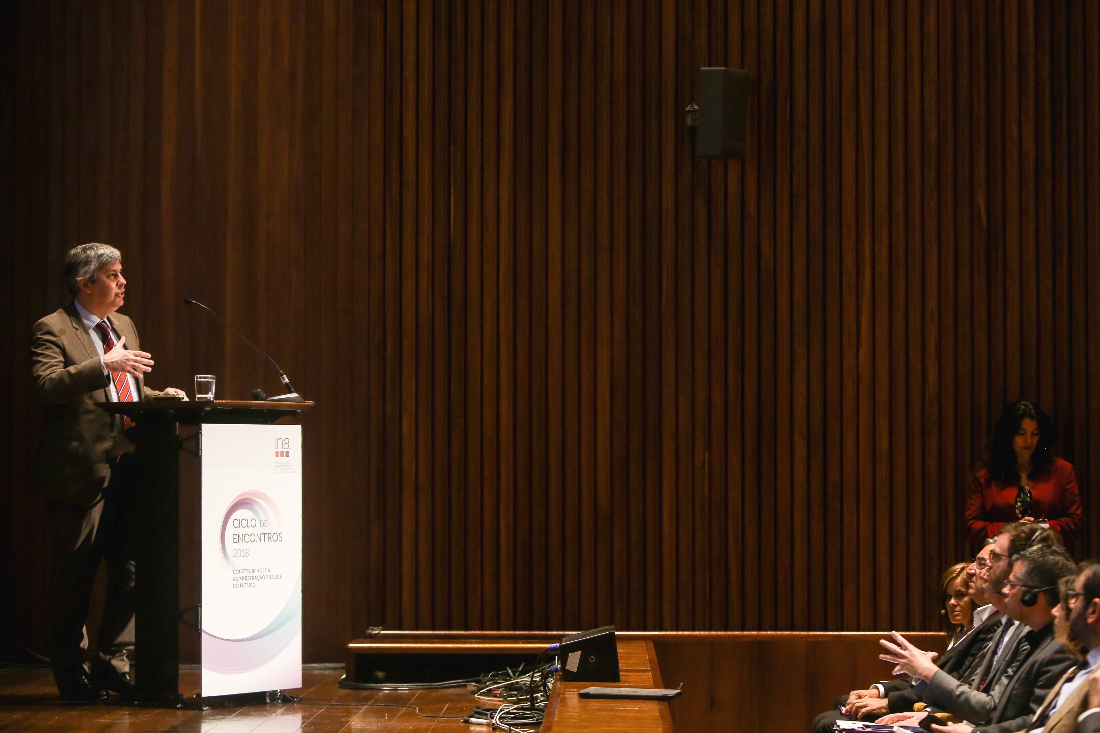 Ministro das Finanças, Mário Centeno, no encontro «Percursos profissionais na Administração Pública: carreiras e competências», Lisboa, 16 maio 2018 (Foto: Nuno Fox/ Lusa)