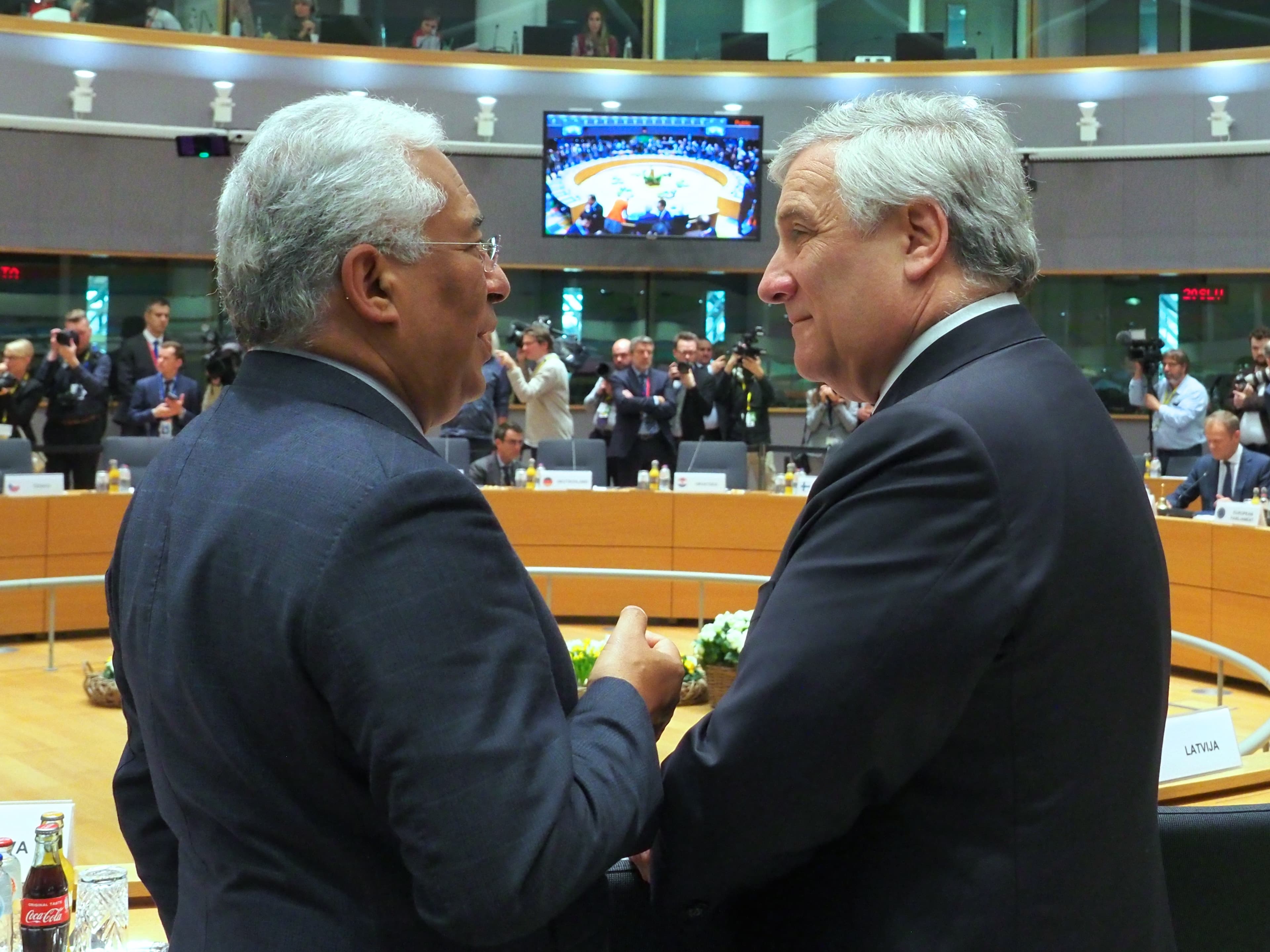 Primeiro-Ministro António Costa com o Presidente do Parlamento Europeu, Antonio Tajani, no Conselho Europeu, Bruxelas, 21 março 2019