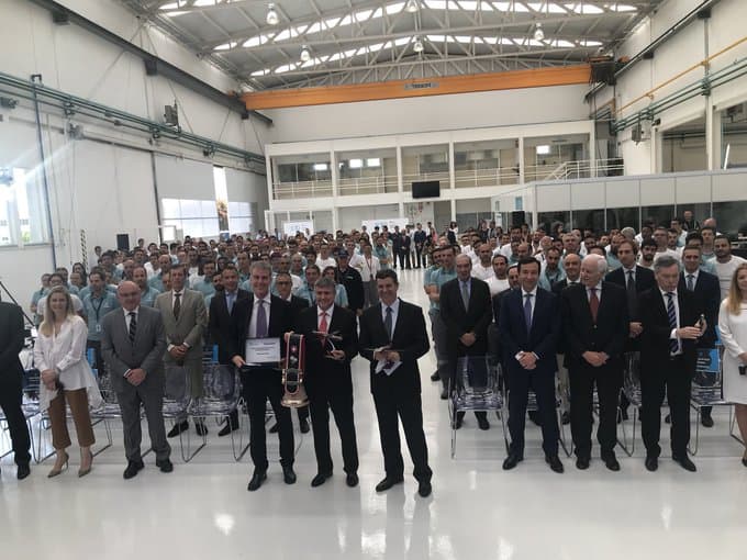 Ministro da Economia, Manuel Caldeira Cabral, na cerimónia que assinalou o fabrico da unidade 1500 da aeronave Pilatus PC-12, Vila Franca de Xira, 23 maio 2018