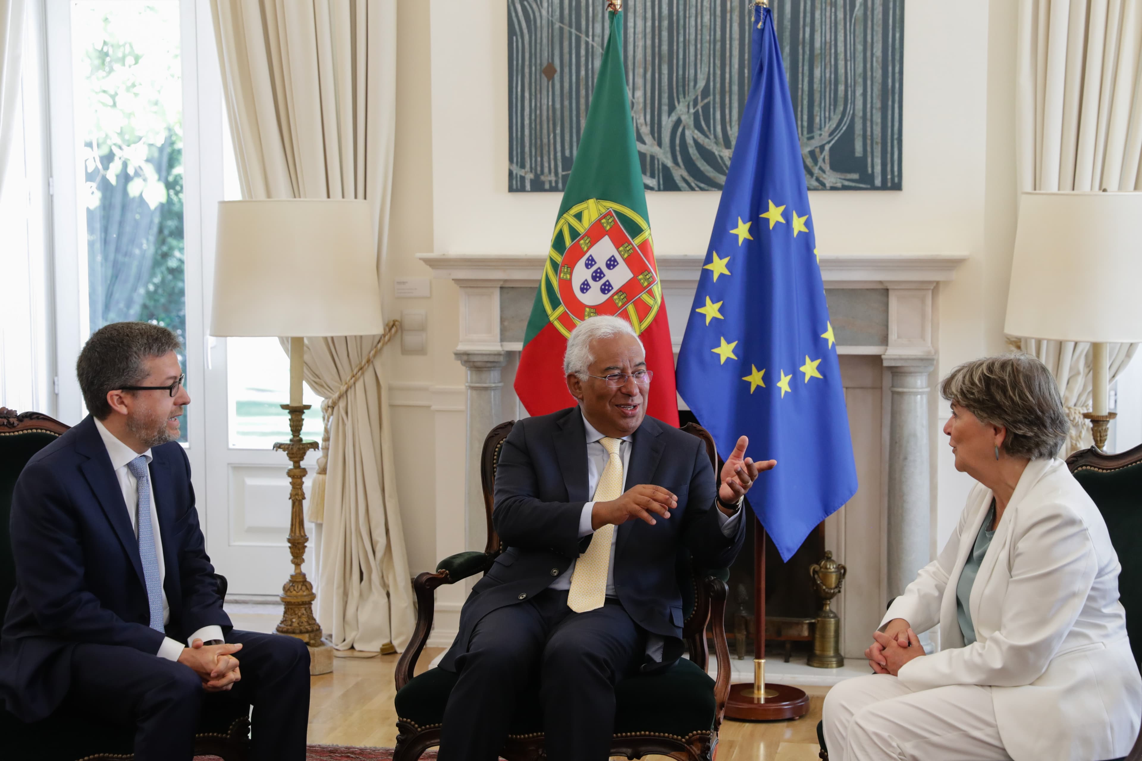 Primeiro-Ministro António Costa com o comissário europeu cessante Carlos Moedas e a comissária europeia indigitada Elisa Ferreira, Lisboa, 29 agosto 2019 (Foto: Tiago Petinga/Lusa)