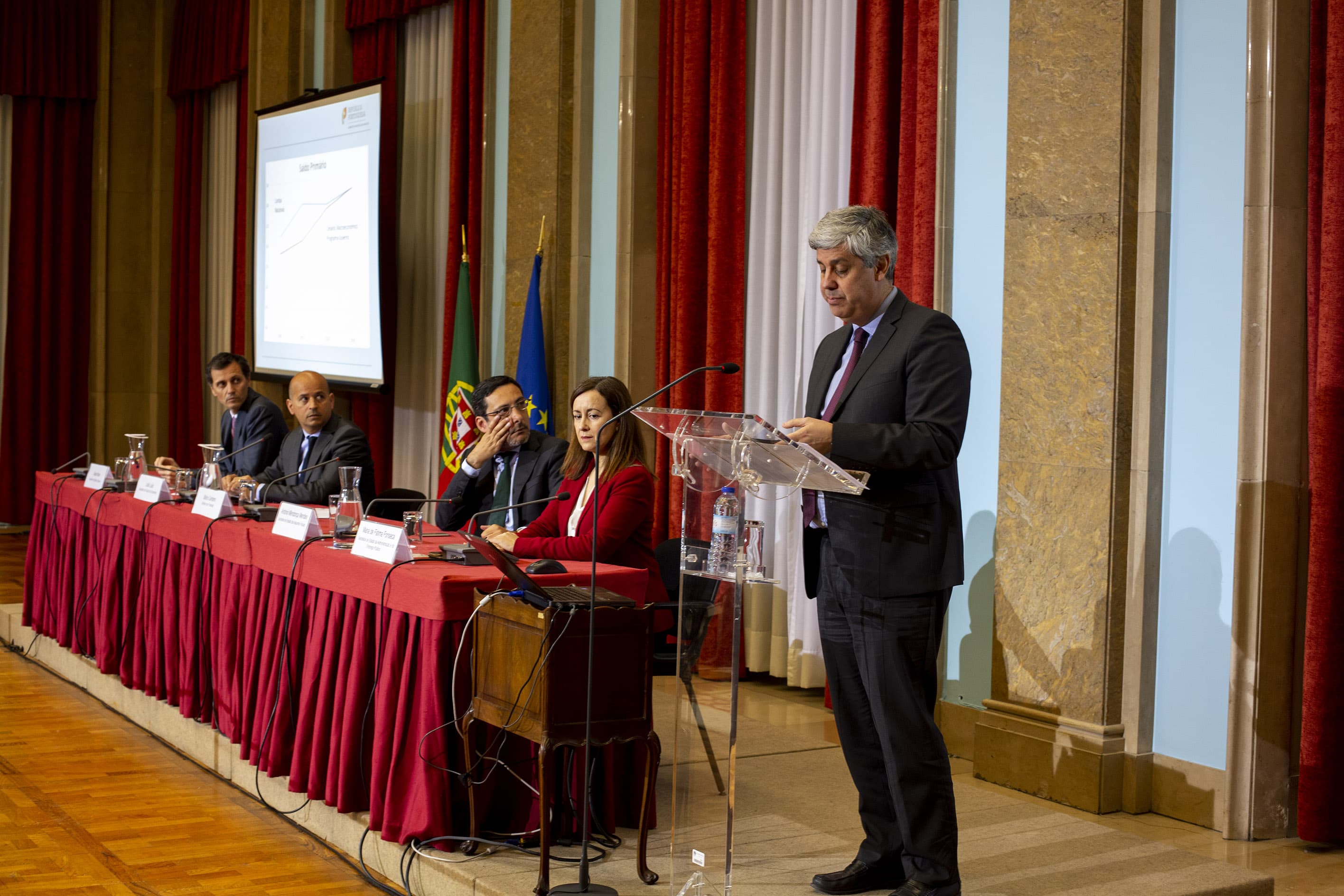 Ministro das Finanças, Mário Centeno, faz declaração sobre os dados do saldo orçamental de 2018 publicados pelo INE, Lisboa, 26 março 2019 (foto: João Bica)