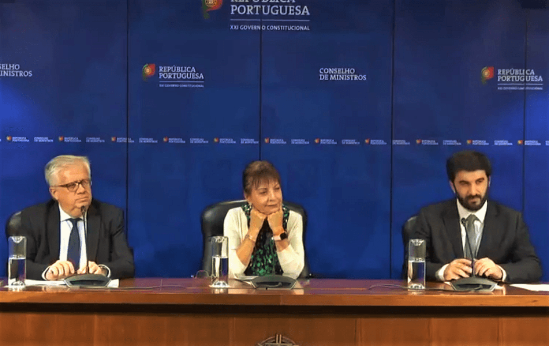 Ministros da Presidência e Modernização Administrativa, Maria Manuel Leitão Marques, da Administração Interna, Eduardo Cabrita,e da Educação, Tiago Brandão Rodrigues, na conferência de imprensa do Conselho de Ministros, 8 novembro 2018