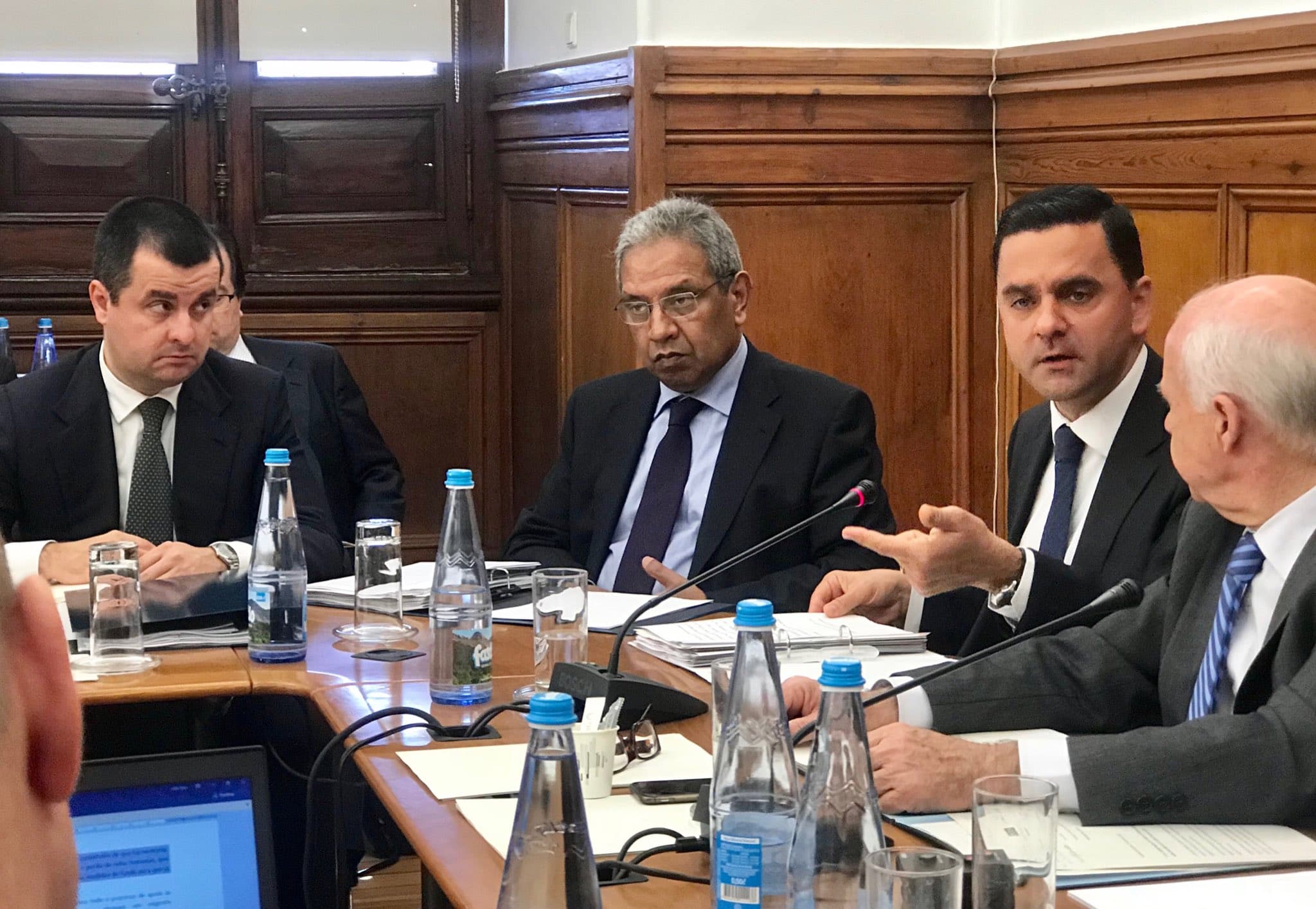 Ministro do Planeamento e das Infraestruturas, Pedro Marques, Secretários de Estado do Desenvolvimento e Coesão, Nelson de Souza, e das Infraestruturas, Guilherme W. d'Oliveira Martins, na Assembleia da República, Lisboa, 18 abril 2018