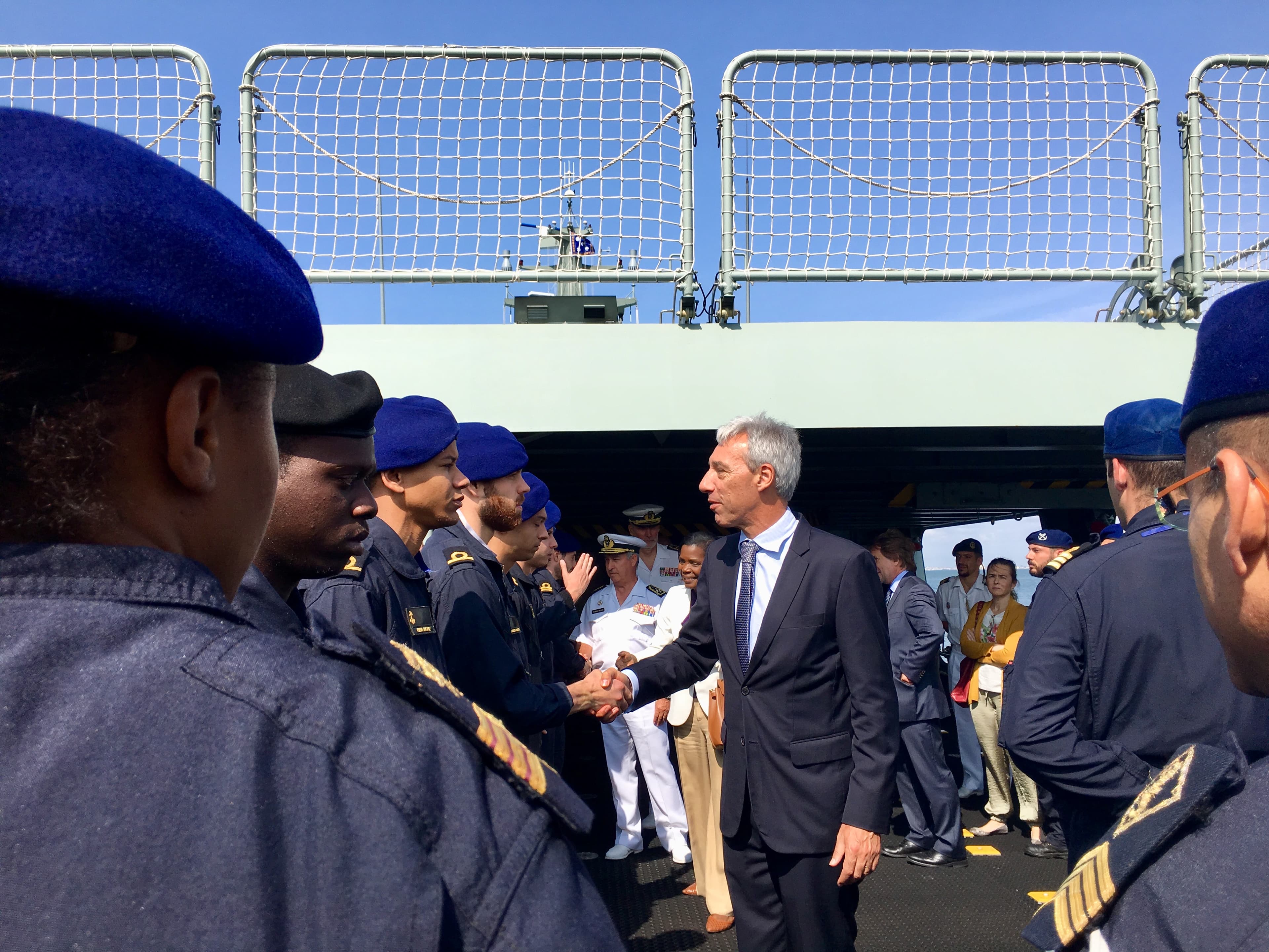 Ministro da Defesa Nacional, João Gomes Cravinho, e Ministra da Justiça, Francisca Van Dunem, a bordo do Navio de Patrulha Oceânico Setúbal, Almada, 4 junho 2019