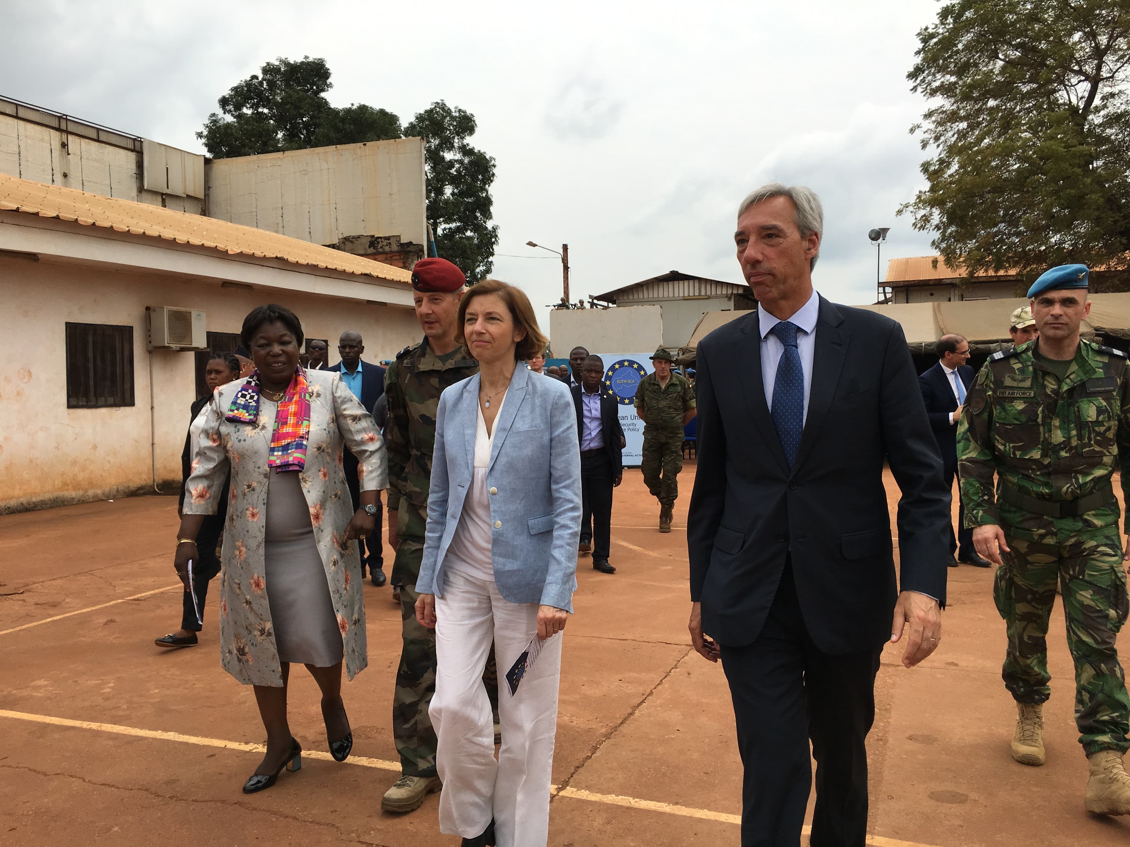 Ministro da Defesa Nacional, João Gomes Cravinho, Ministra das Forças Armadas francesa, Florence Parly e Presidente da República Centro-Africana, Faustin-Archange Touadera, Bangui, República Centro-Africana, 8 julho 2019