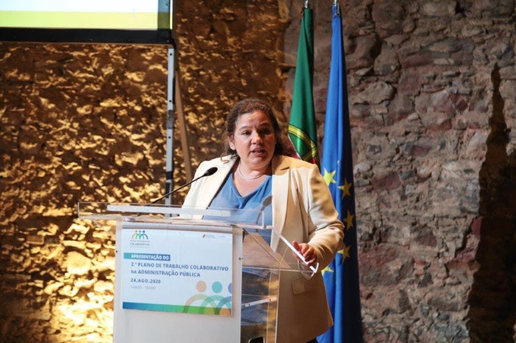 Ministra da Modernização do Estado e da Administração Pública, Alexandra Leitão, na apresentação do 2.º Plano de Trabalho Colaborativo na Administração Pública, Lisboa, 24 agosto 2020