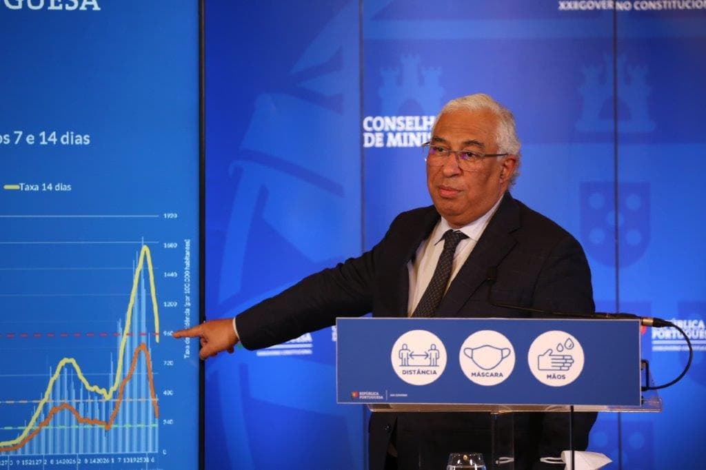 Primeiro-Ministro António Costa aponta o o gráfico do número de mortos por Covid-19 na conferência de imprensa do Conselho de Ministros, Lisboa, 11 fevereiro 2021 (foto: João Bica)