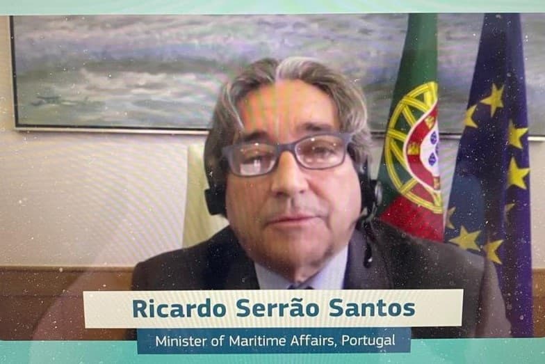 Ministro do Mar, Ricardo Serrão Santos, durante o 3.º Fórum de Governação Internacional dos Oceanos (IOG) da União Europeia, 20 abril 2021