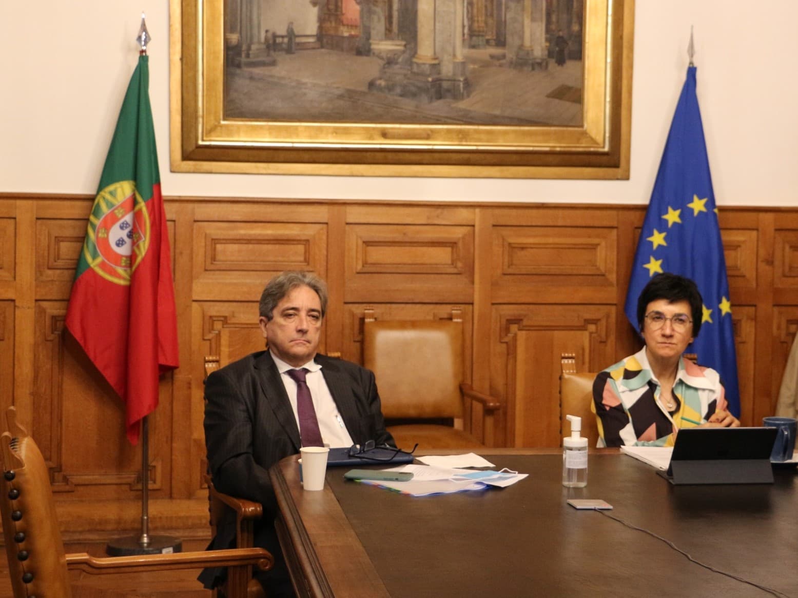 Ministro do Mar, Ricardo Serão Santos, e Ministra da Agricultura, Maria do Céu Albuquerque, na reunião do Conselho de Ministros da Agricultura e Pescas da União Europeia, Lisboa, 13 maio 2020