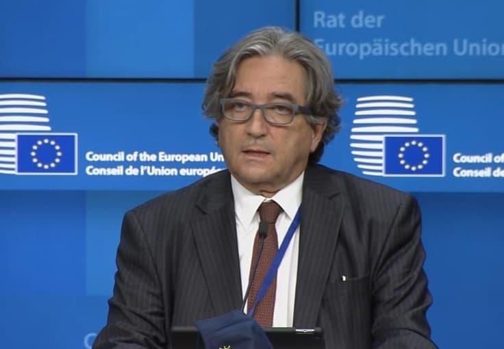 Ministro do Mar, Ricardo Serrão Santos, na reunião dos Ministros das Pescas da União Europeia, 26 maio 2021