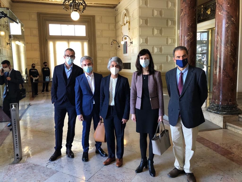 Ministros da Cultura, Graça Fonseca, e da Ciência, Tecnologia e Ensino Superior, Manuel Heitor e Comissária europeia Mariya Grabriel no Teatro nacional de São João, Porto, 8 maio 2021