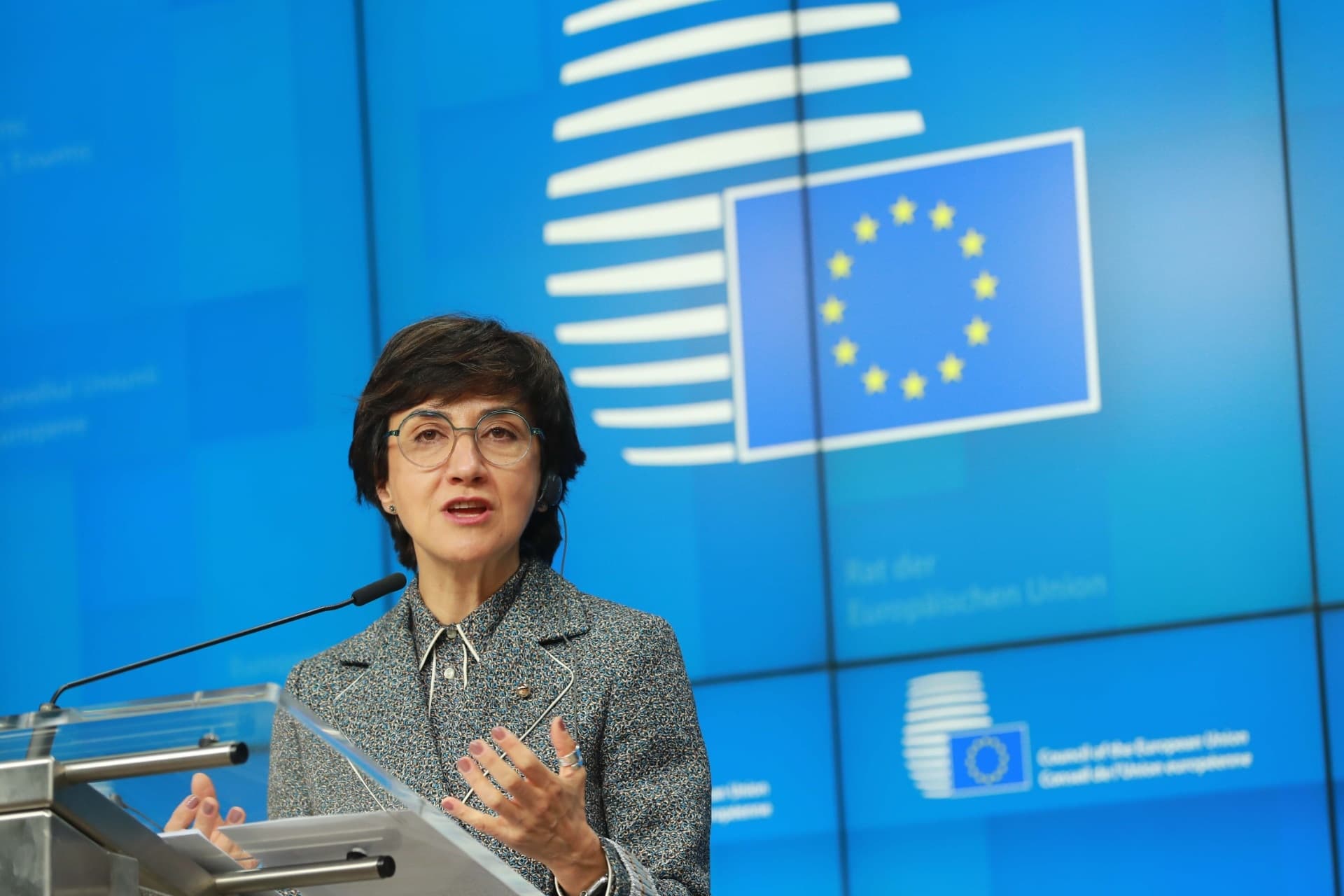 Ministra da Agricultura, Maria do Céu Antunes, na conferência de imprensa após o Conselho Informal de Ministros da Agricultura da União Europeia, Bruxelas, 26 abril 2021