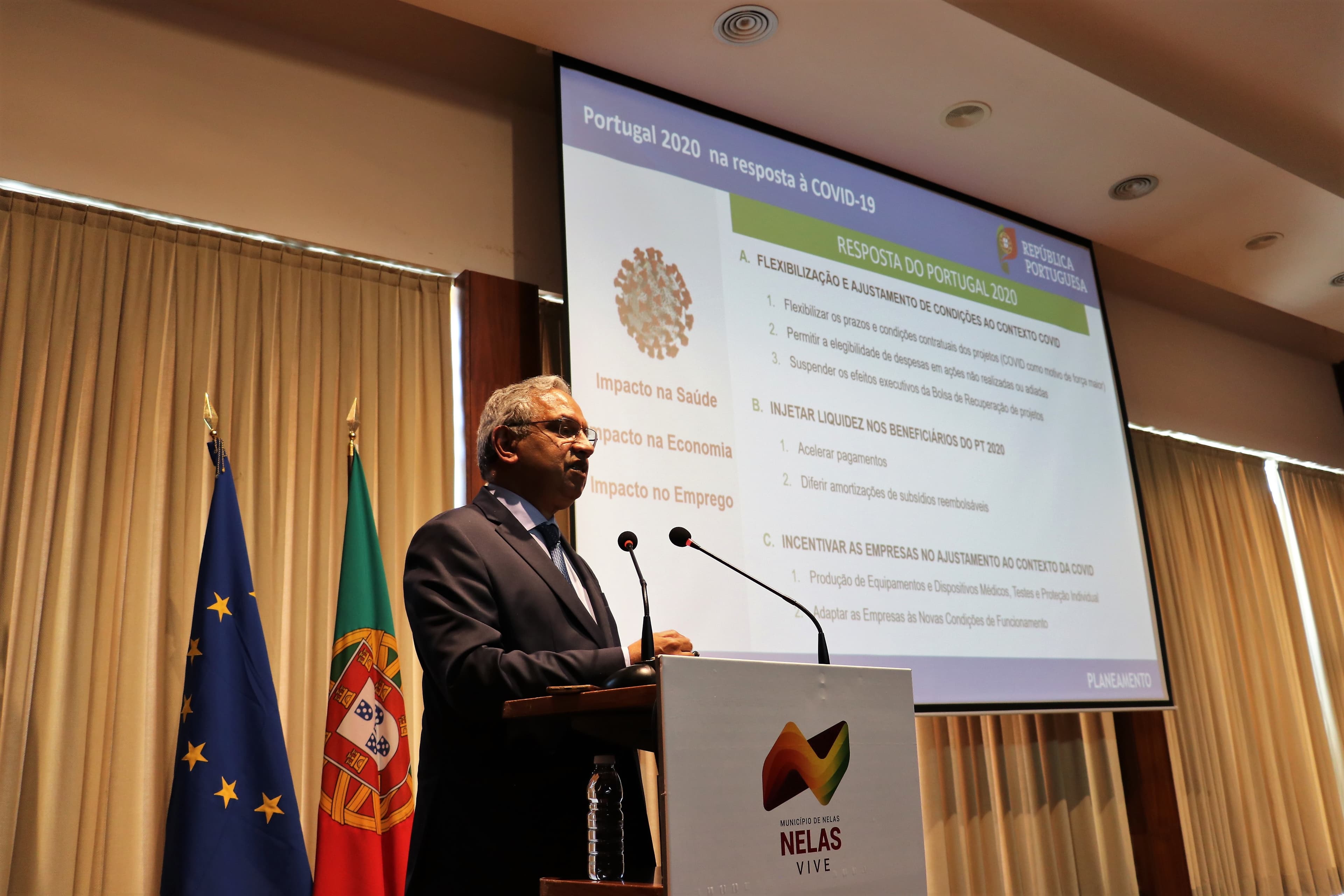 Ministro do Planeamento, Nelson de Souza, na Na apresentação das contas dos apoios disponibilizados pelo Governo às empresas, Nelas, 22 junho 2020