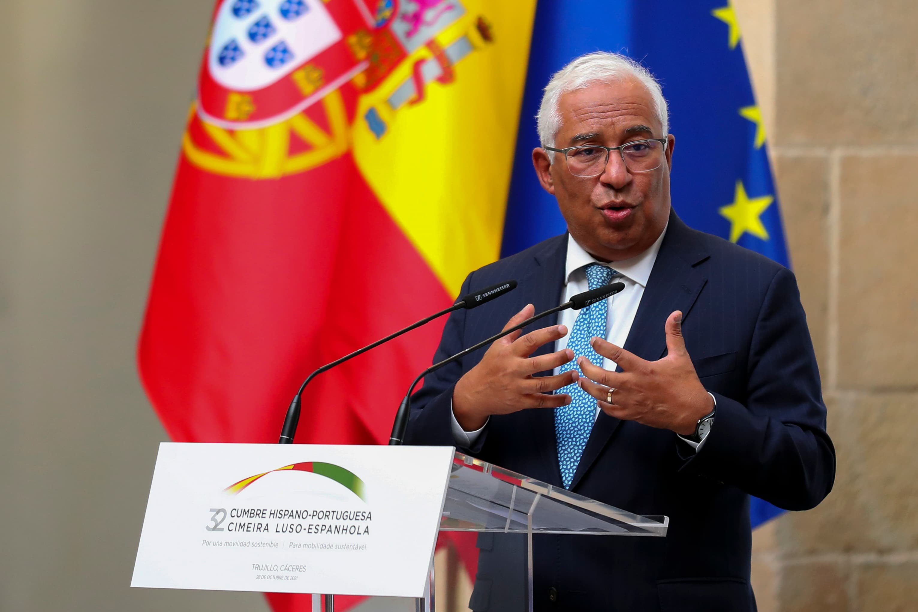Primeiro-Ministro, António Costa, durante a conferência de imprensa conjunta da 32.º Cimeira Luso-Espanhola, Trujillo, Espanha, 28 outubro 2021 (Foto: Nuno Veiga)