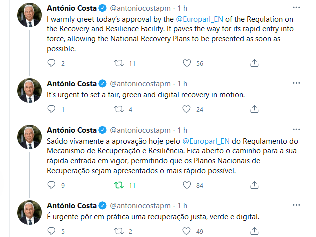 Tweets publicados pelo Primeiro-Ministro António Costa saudando a aprovação do regulamento do Mecanismo de Recuperação e Resiliência pelo Parlamento Europeu, 10 fevereiro 2021