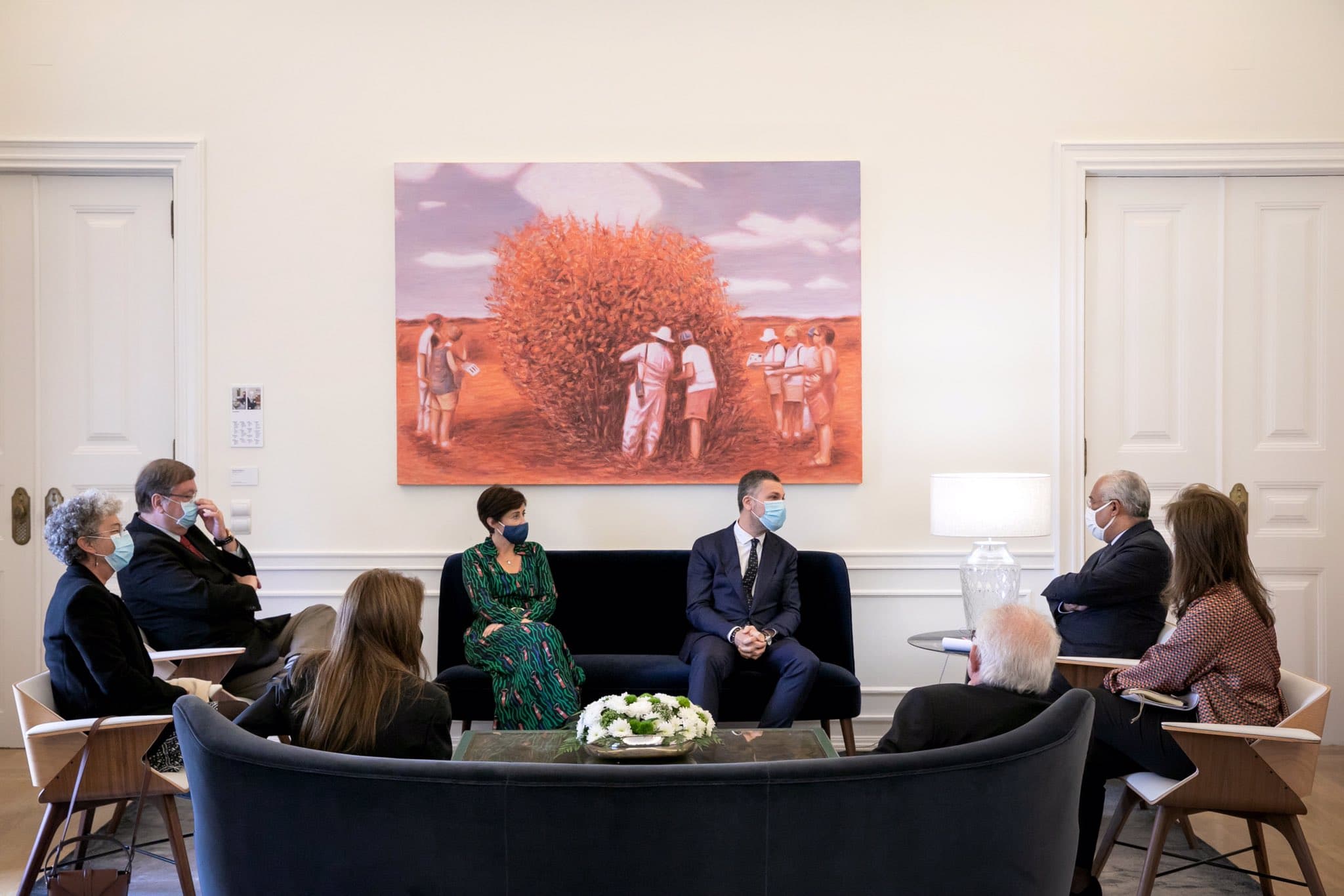 Primeiro-Ministro António Costa e Ministra Ana Mendes Godinho recebem secretários-gerais da Confederação Europeia dos Sindicatos, Luca Visentini, da CGTP, Isabel Camarinha, e da UGT, Carlos Silva, Lisboa, 11 novembro 2020