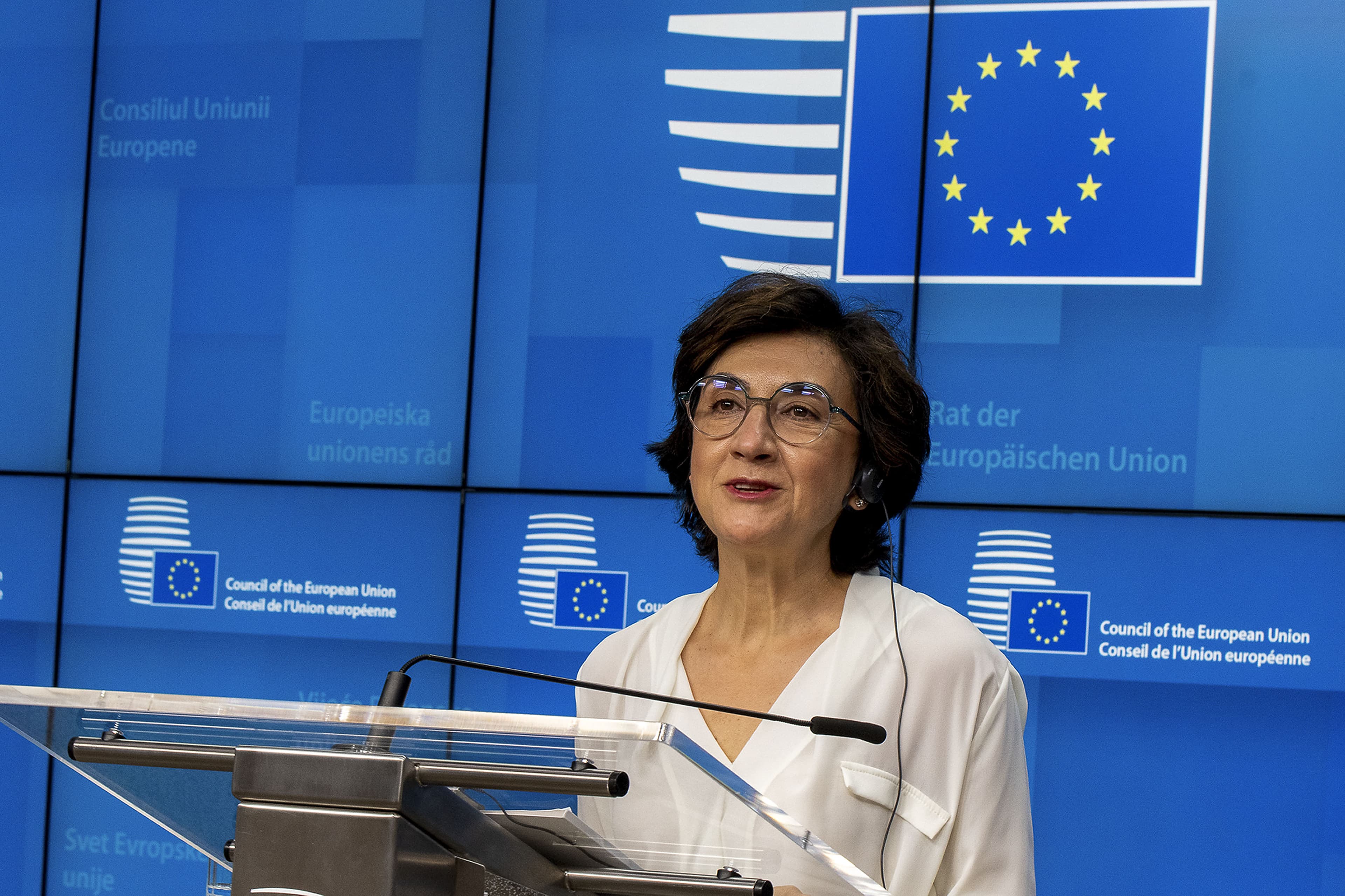 Ministra da Agricultura, Maria do Céu Antunes, na conferência de imprensa após a reunião Conselho de Ministros da Agricultura da União Europeia, Bruxelas, 28 maio 2021 (Foto: Tony da Silva/Lusa)