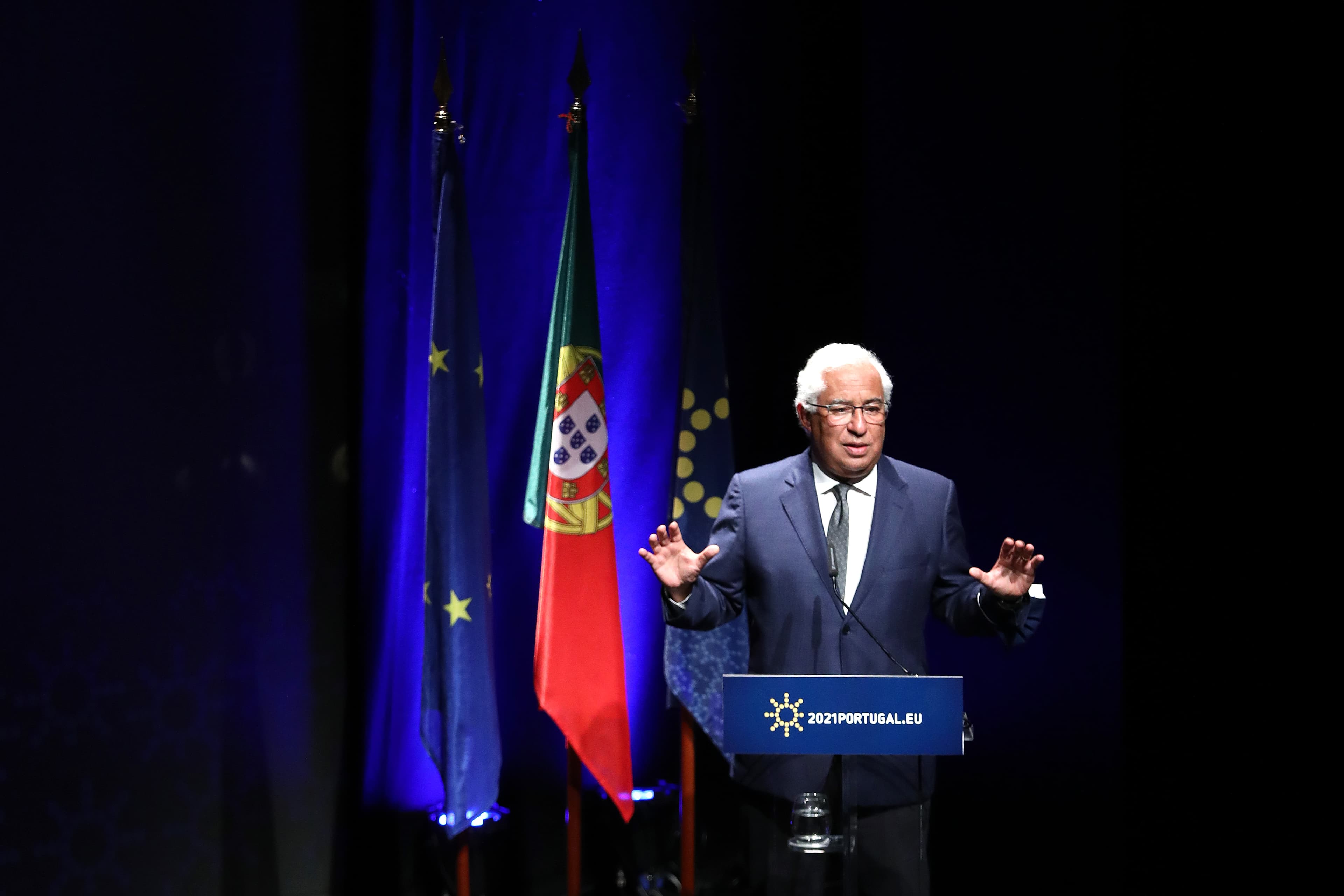 Primeiro-Ministro António Costa durante o balanço da presidência portuguesa do Conselho da União Europeia, Lisboa, 5 julho 2021 (Foto: António Pedro Santos/Lusa)