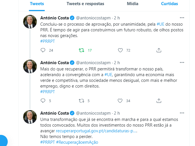 Mensagens do Primeiro-Ministro António Costa sobre a aprovação do PRR português, 13 julho 2021