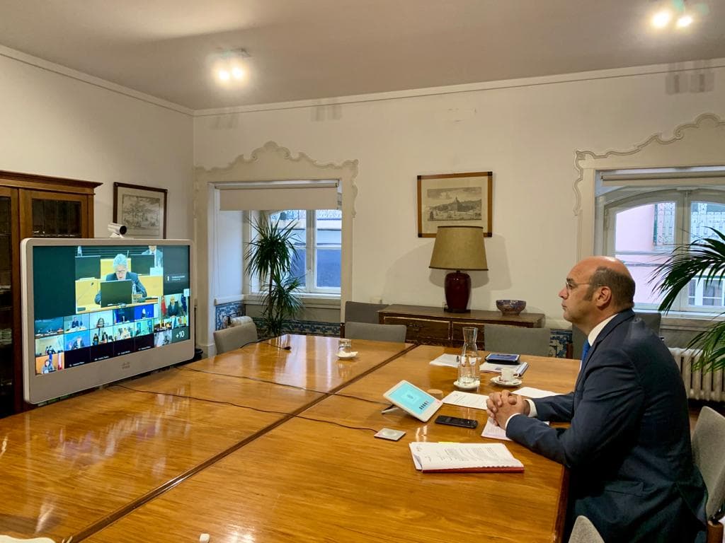 Ministro de Estado, da Economia e da Transição Digital, Pedro Siza Vieira, durante a reunião, por videoconferência, do Conselho Europeu da Competitividade, Lisboa, 18 setembro 2020