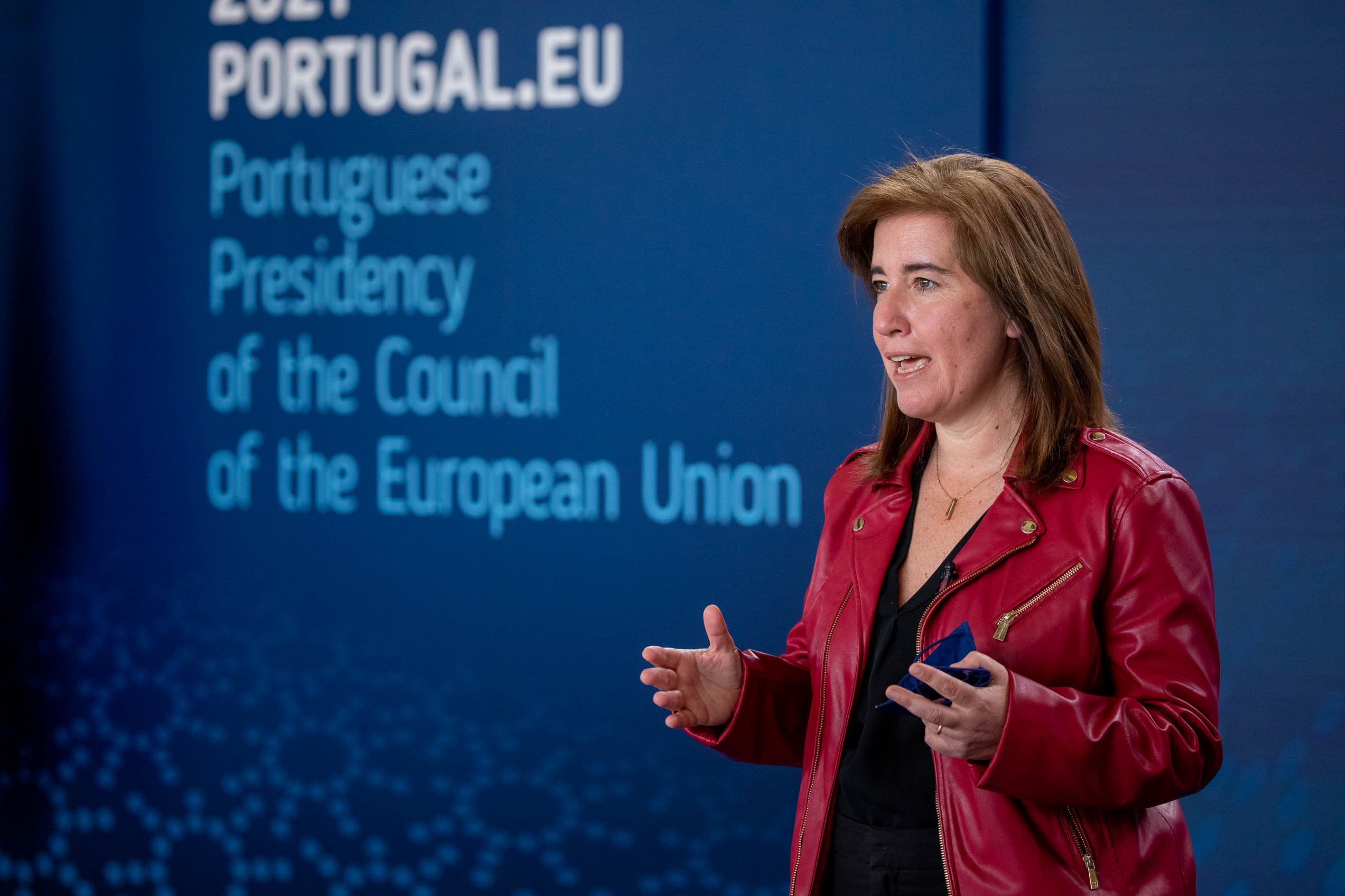 Ministra do Trabalho, Solidariedade e Segurança Social, Ana Mendes Godinho, após a videoconferência informal do Emprego e Política Social, Lisboa, 15 março 2021 (Foto: João Bica)