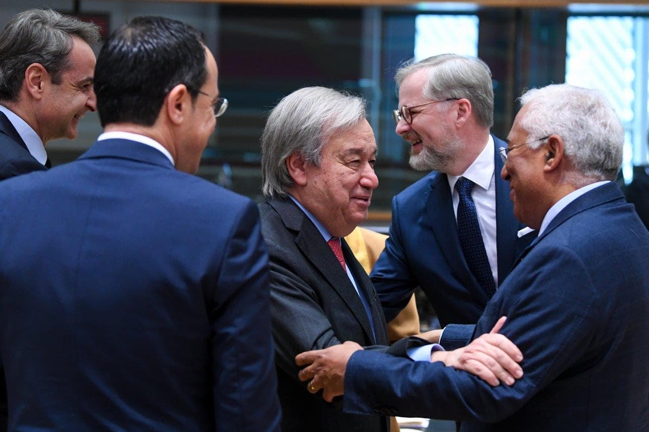 Primeiro-Ministro António Costa com o Secretário-Geral das Nações Unidas, António Guterres, e o Presidente da República de Chipre, Nikos Christodoulides, Conselho Europeu, Bruxelas, 23 março 2923 (foto: UE)