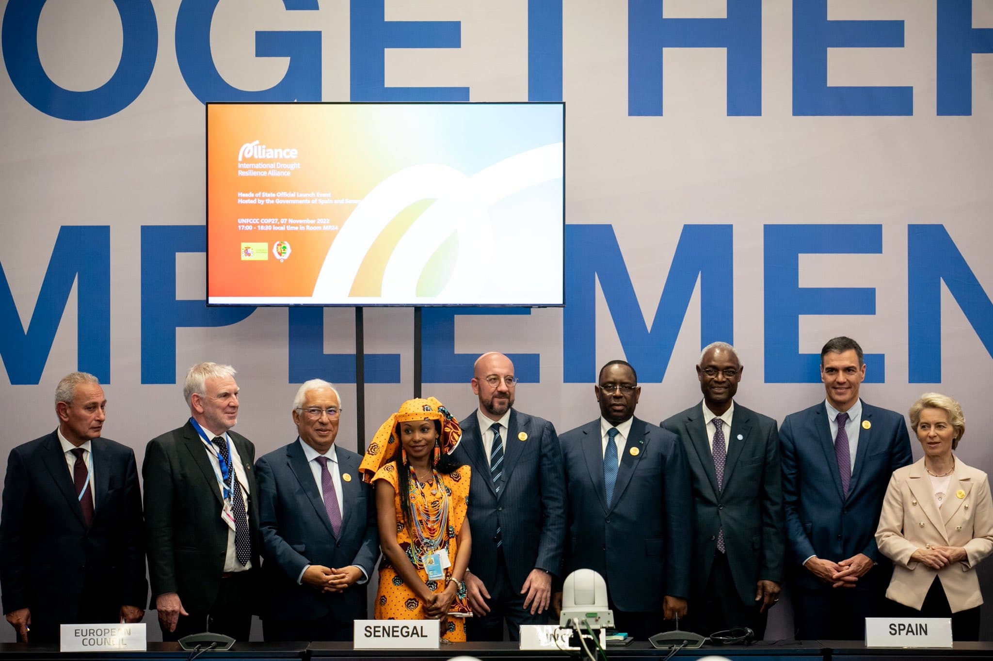 Primeiro-Ministro António Costa, Presidente Macky Sall, Presidente do Governo Pedro Sanchez e presidentes Ursula von der Leyen e Charles Michel, na apresentação da Aliança de Resiliência à Seca, Sharm-el-Sheik, 7 novembro 2022