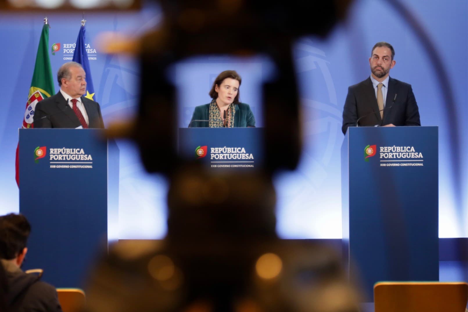 Ministros da Presidência, Mariana Vieira da Silva, da Economia e do Mar, António Costa Silva, e do Ambiente e da Ação Climática, Duarte Cordeiro, sobre o relatório de 2022 do PRR, Lisboa, 24 fevereiro 2023 (foto: João Bica)