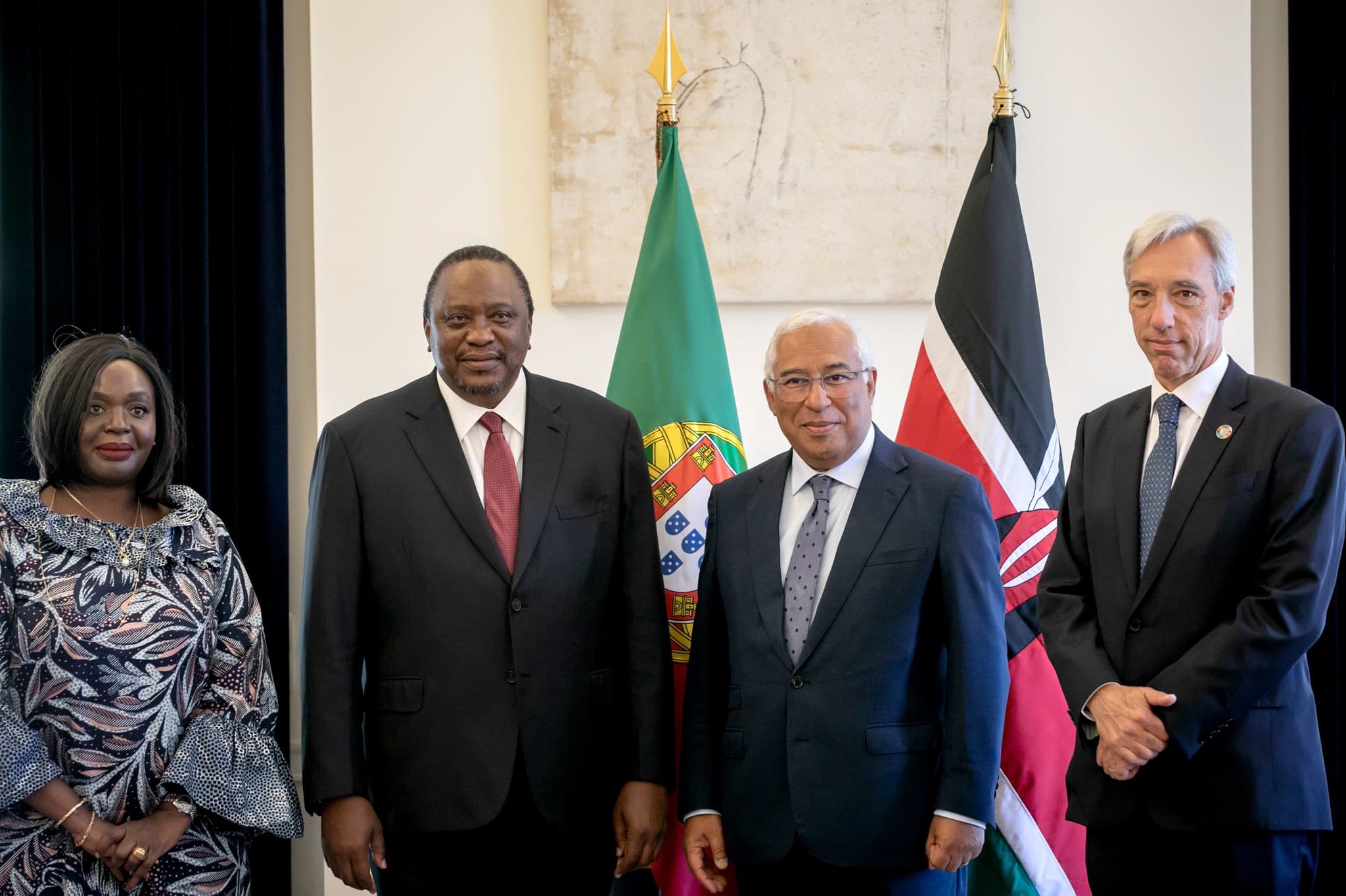 Primeiro-Ministro António Costa com o Presidente do Quénia, Uhuru Kenyatta, e os Ministros dos Negócios Estrangeiros, João Gomes Cravinho e Raychelle Omamo, Lisboa, 28 junho 2022