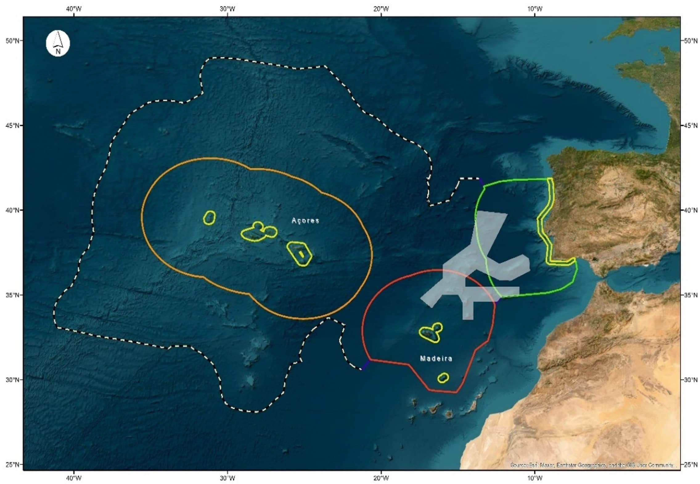 Mapa da Reserva natural marinha D. Carlos (a branco), vendo-se também as águas territoriais e as zonas económicas exclusivas dos Açores, do Continente e da Madeira