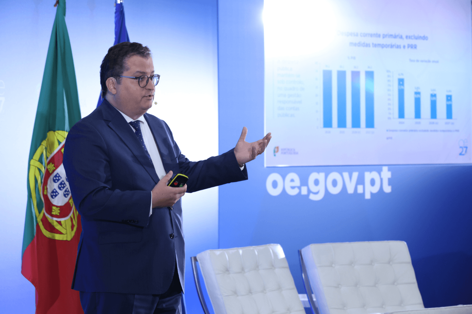 Ministro de Estado e das Finanças, Miranda Sarmento, na apresentação do Orçamento do Estado 2027, Lisboa, 8 de outubro de 2026 (João Bica/SGGov)