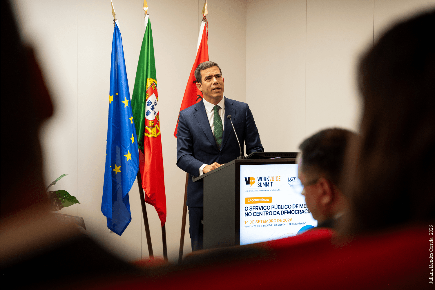 Ministro da Presidência, António Leitão Amaro, na sessão de abertura da Conferência “O Serviço Público de Media no Centro da Democracia”, promovida pela União Geral de Trabalhadores, na sede da UGT, no dia 14 de setembro de 2026, em Lisboa (Juliana Mendes Correia | MP)